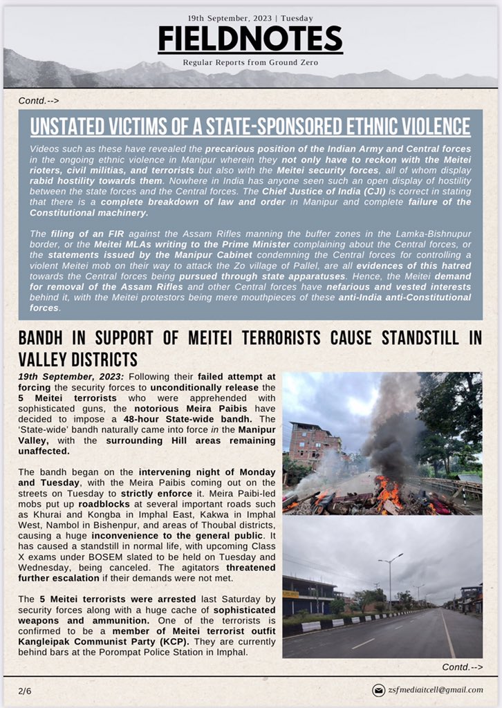 BlissAmbassador's tweet photo. 🟡FIELDNOTES
Regular Reports from Ground Zero

  🟢ANOTHER ALARMING VIDEO EMERGE OF STANDOFF BETWEEN MEITEI POLICEMEN AND INDIAN ARMY

🔴BANDH IN SUPPORT OF MEITEI TERRORISTS CAUSE STANDSTILL IN VALLEY DISTRICTS

⚫️KUKI NATIONAL ASSEMBLY REITERATES DEMAND FOR SEPARATE ADMINISTRATION

🟡RIFT EMERGES IN FABRIC OF MEITEI SOCIETY AMIDST ETHNIC STRIFE

🟢CWC ADOPTS RESOLUTION ON MANIPUR CRISIS

🔴ZOMI INNKUAN USA HOLDS DEMONSTRATION IN SUPPORT OF ZO TRIBES IN MANIPUR

Source : @zsfghq_official 

Our demand for separate administration stands strong and resolute. It is the only viable solution to protect our community, preserve our culture, and ensure lasting peace in Manipur. It's time for truth, justice, and a future free from falsehood.

#StateSponsoredViolenceAgainstKukiZo
 #ManipurViolence 
#MeiteiAggression  
#Meiteilieexpose
#ManipurBurning
#ManipurHorror 
#ManipurEthnicCleansing
#ZO_UNITED
#SeparateAdministrationOnlySolution  
@RapporteurUn @MelissaFleming @IndianExpress @thewire_in  @newslaundry @AJEnglish @timesofindia @htTweets  @PTI_News @amnestysasia  @rashtrapatibhvn @LiveLawIndia @barandbench @priyankagandhi  @TribalAffairsIn @narendramodi @UN @UNICEFIndia @UNICEF @unwomenindia @UNHumanRights @INCIndia @min_homeaffairs @easterncomd @TheDeshBhakt @TheQuint @CNN @ashoswai @rwac48 @AJENews @Jairam_Ramesh @afridahussai @ravishndtv @dhruv_rathee   @abhisar_sharma @HansrajMeena