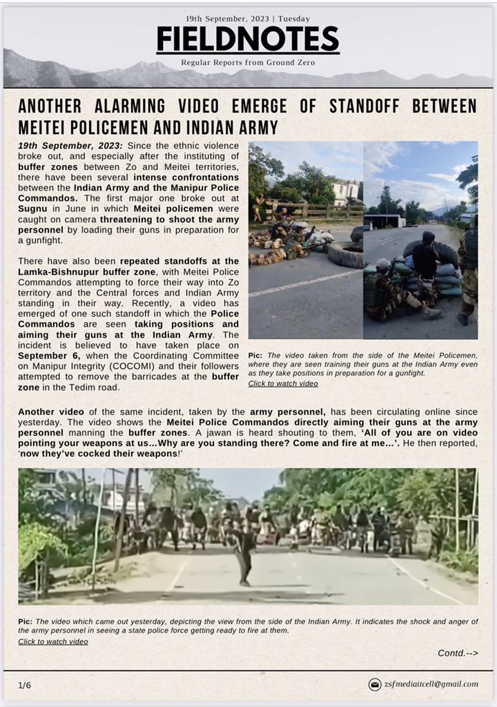BlissAmbassador's tweet photo. 🟡FIELDNOTES
Regular Reports from Ground Zero

  🟢ANOTHER ALARMING VIDEO EMERGE OF STANDOFF BETWEEN MEITEI POLICEMEN AND INDIAN ARMY

🔴BANDH IN SUPPORT OF MEITEI TERRORISTS CAUSE STANDSTILL IN VALLEY DISTRICTS

⚫️KUKI NATIONAL ASSEMBLY REITERATES DEMAND FOR SEPARATE ADMINISTRATION

🟡RIFT EMERGES IN FABRIC OF MEITEI SOCIETY AMIDST ETHNIC STRIFE

🟢CWC ADOPTS RESOLUTION ON MANIPUR CRISIS

🔴ZOMI INNKUAN USA HOLDS DEMONSTRATION IN SUPPORT OF ZO TRIBES IN MANIPUR

Source : @zsfghq_official 

Our demand for separate administration stands strong and resolute. It is the only viable solution to protect our community, preserve our culture, and ensure lasting peace in Manipur. It's time for truth, justice, and a future free from falsehood.

#StateSponsoredViolenceAgainstKukiZo
 #ManipurViolence 
#MeiteiAggression  
#Meiteilieexpose
#ManipurBurning
#ManipurHorror 
#ManipurEthnicCleansing
#ZO_UNITED
#SeparateAdministrationOnlySolution  
@RapporteurUn @MelissaFleming @IndianExpress @thewire_in  @newslaundry @AJEnglish @timesofindia @htTweets  @PTI_News @amnestysasia  @rashtrapatibhvn @LiveLawIndia @barandbench @priyankagandhi  @TribalAffairsIn @narendramodi @UN @UNICEFIndia @UNICEF @unwomenindia @UNHumanRights @INCIndia @min_homeaffairs @easterncomd @TheDeshBhakt @TheQuint @CNN @ashoswai @rwac48 @AJENews @Jairam_Ramesh @afridahussai @ravishndtv @dhruv_rathee   @abhisar_sharma @HansrajMeena