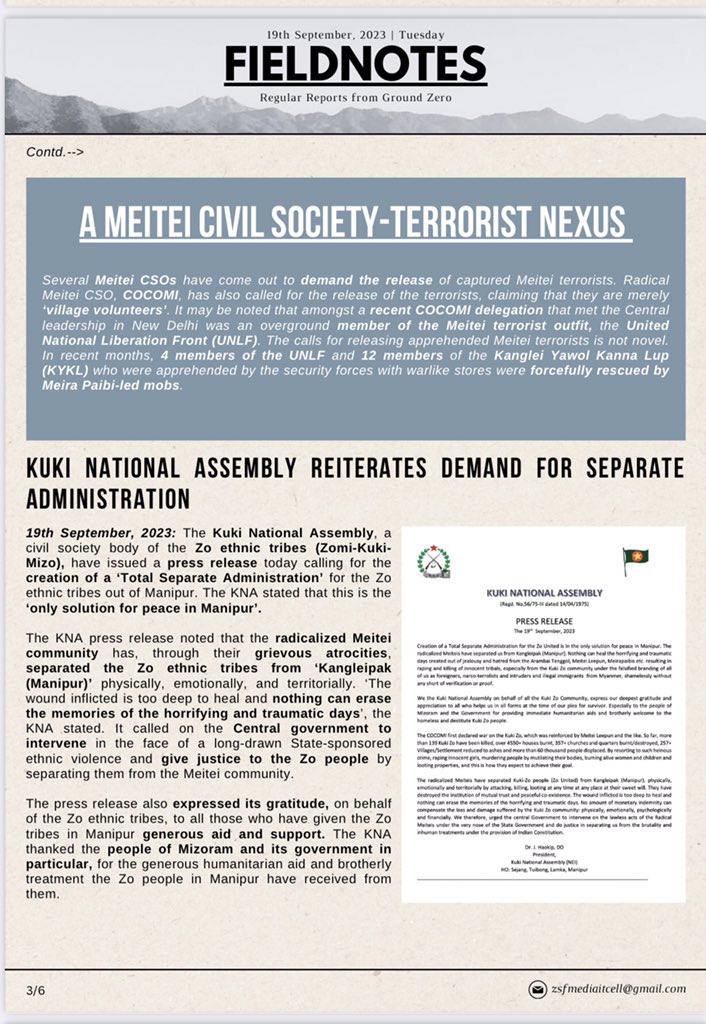 BlissAmbassador's tweet photo. 🟡FIELDNOTES
Regular Reports from Ground Zero

  🟢ANOTHER ALARMING VIDEO EMERGE OF STANDOFF BETWEEN MEITEI POLICEMEN AND INDIAN ARMY

🔴BANDH IN SUPPORT OF MEITEI TERRORISTS CAUSE STANDSTILL IN VALLEY DISTRICTS

⚫️KUKI NATIONAL ASSEMBLY REITERATES DEMAND FOR SEPARATE ADMINISTRATION

🟡RIFT EMERGES IN FABRIC OF MEITEI SOCIETY AMIDST ETHNIC STRIFE

🟢CWC ADOPTS RESOLUTION ON MANIPUR CRISIS

🔴ZOMI INNKUAN USA HOLDS DEMONSTRATION IN SUPPORT OF ZO TRIBES IN MANIPUR

Source : @zsfghq_official 

Our demand for separate administration stands strong and resolute. It is the only viable solution to protect our community, preserve our culture, and ensure lasting peace in Manipur. It's time for truth, justice, and a future free from falsehood.

#StateSponsoredViolenceAgainstKukiZo
 #ManipurViolence 
#MeiteiAggression  
#Meiteilieexpose
#ManipurBurning
#ManipurHorror 
#ManipurEthnicCleansing
#ZO_UNITED
#SeparateAdministrationOnlySolution  
@RapporteurUn @MelissaFleming @IndianExpress @thewire_in  @newslaundry @AJEnglish @timesofindia @htTweets  @PTI_News @amnestysasia  @rashtrapatibhvn @LiveLawIndia @barandbench @priyankagandhi  @TribalAffairsIn @narendramodi @UN @UNICEFIndia @UNICEF @unwomenindia @UNHumanRights @INCIndia @min_homeaffairs @easterncomd @TheDeshBhakt @TheQuint @CNN @ashoswai @rwac48 @AJENews @Jairam_Ramesh @afridahussai @ravishndtv @dhruv_rathee   @abhisar_sharma @HansrajMeena