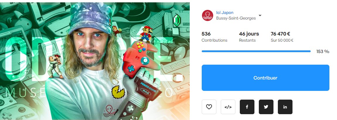 .<a href="/IciJapon/">Tev</a> a lancé sa campagne de financement participatif pour son projet Odyssée, avec l'objectif ambitieux et excitant d'ouvrir le plus grand musée dédié aux jeux vidéo en France. 😍

En quelques heures, ce sont déjà 76 000 € qui ont été collectés 😳, atteignant l'objectif de