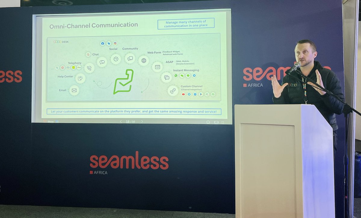 ZohoAfrica's tweet photo. Our Country Manager presenting at the @Seamless_Africa conference, @AndrewBourneSA shares insights on the key success factors for future-proofing your #ecommerce business, leveraging the power of #ZohoTechnology. https://t.co/xav7Z3TjSy