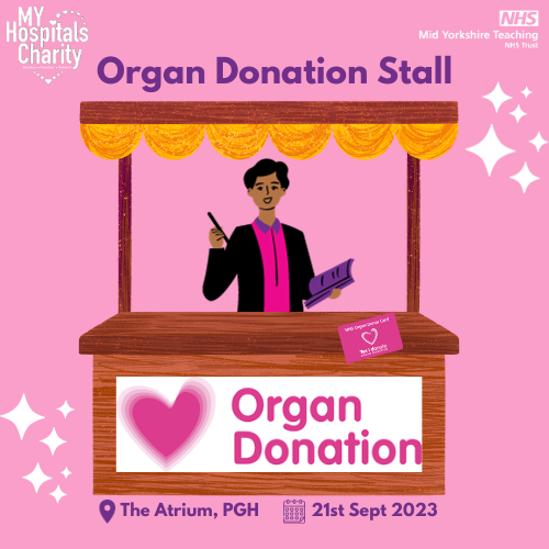 MY_NHSCharity's tweet photo. πOrgan Donation Stallπ
Weβve got a stall for Organ Donation tomorrow at the Pinderfields Hospital in support of Organ Donation weekπ
Drop by to find out more information and ways to get involved!β¨
@MidOrgan
#NHS #OrganDonationWeek https://t.co/onWU1RxxsL