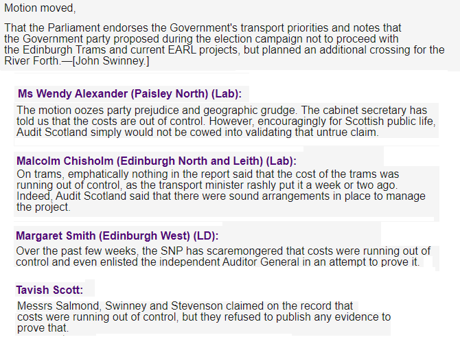 On Wednesday 27 June, 2007 the SNP warned Unionists that the Edinburgh Trams costs were already running out of control. A motion to scrap the project along with EARL was lodged. Unionists ridiculed the claims. Interestingly, Audit Scotland sided with the Unionists.

RT folks!