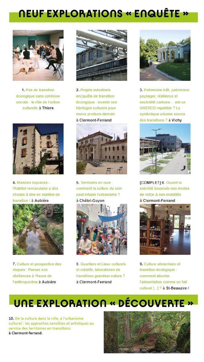 #fnau44 15 au 17 nov #ClermontFerrand 
9 explorations sous forme d'enquête vous sont proposées pour détecter des germes de changement et énoncer de nouveaux repères pour demain. 
Ne tardez pas à vous inscrire ! Certaines explorations sont déjà complètes. aucm.fr/fnau44/