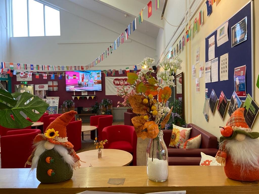 WrvsServWelfare's tweet photo. Lunch time gathering in the WRVS centre @6RegtRLC The perfect spot to connect with friends and engage in friendly conversation with our welcoming WRVS team.  Autumn decorations by Liz 🍂🎃 #Dishforth. https://t.co/ieYRyeFfo6