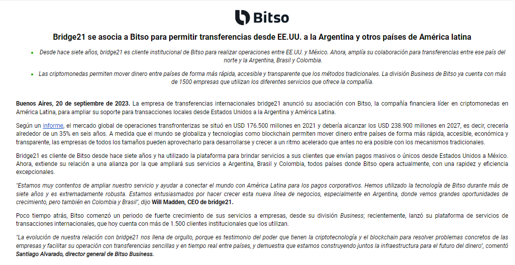 JPAperiodista's tweet photo. La empresa de transferencias internacionales bridge21 anunció su asociación con Bitso, para ampliar su soporte para transacciones locales desde Estados Unidos a la Argentina y América Latina. https://t.co/QstfAchiw2