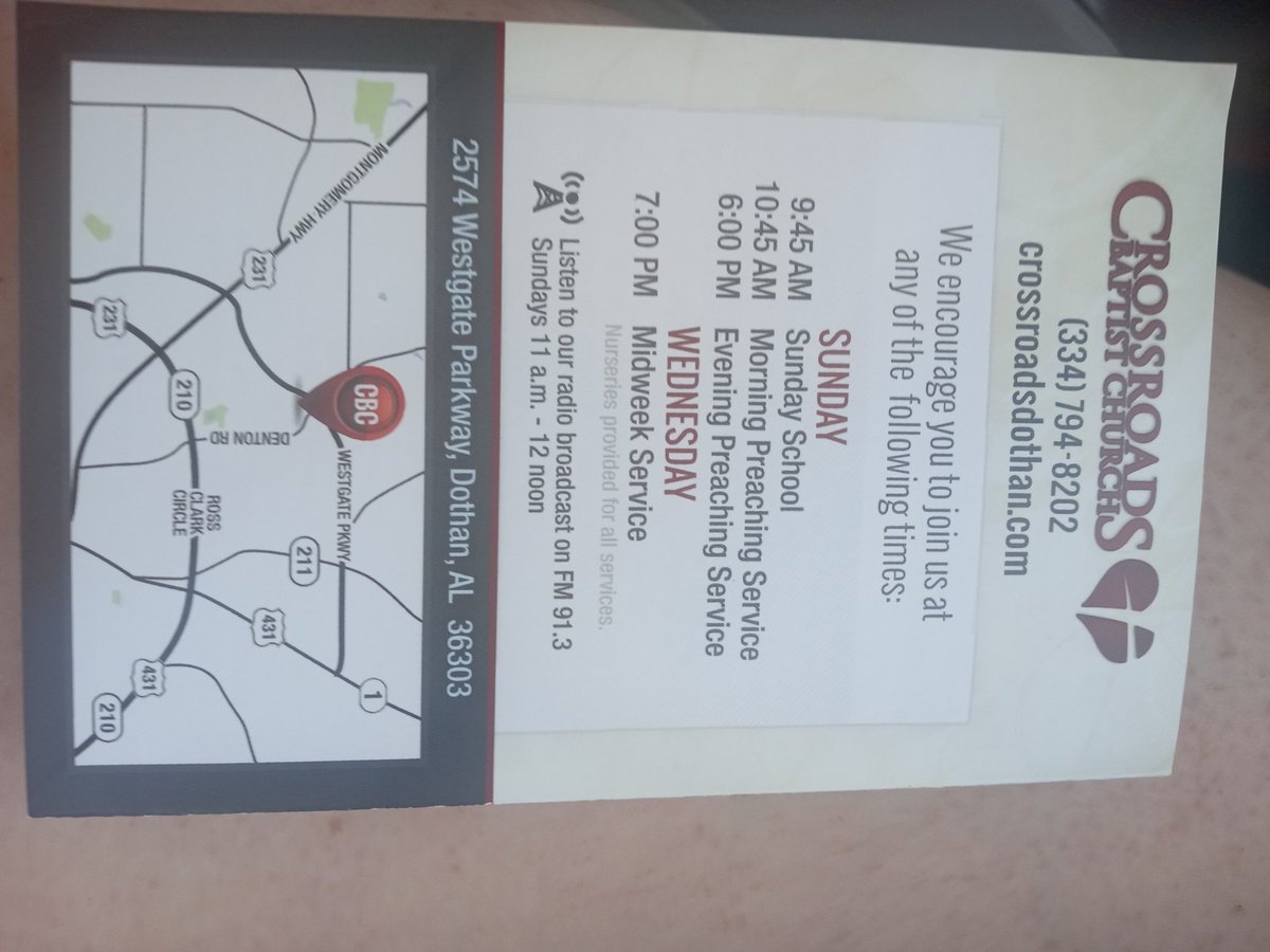 Come join us at cross roads babtest church 33rd anniversary on oct,01st ,2023 at 9:45am  on that Sunday morning , we are located at 2574 Westgate parkway ,Dothan,Alabama 36303 call at 334-794-8202 or visit crossroadsdothan.com ...