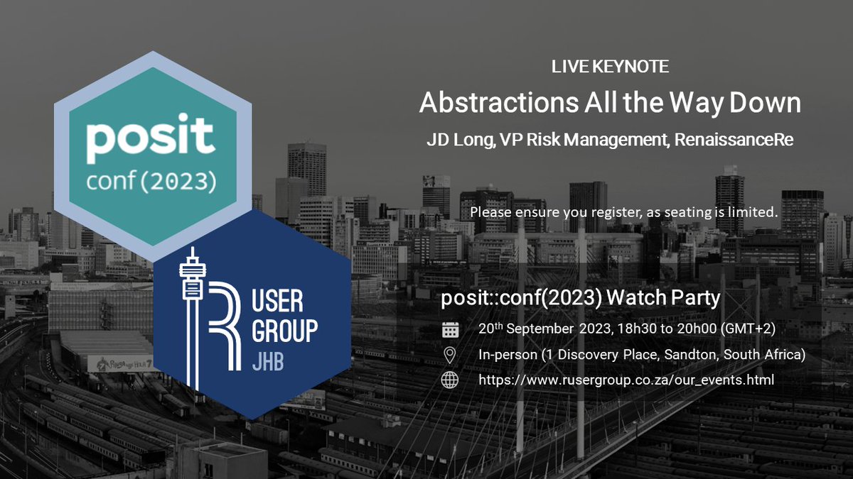 JHBRUserGroup's tweet photo. Join us tonight for an in-person posit::conf (2023) watch party in Johannesburg, South Africa!!! For more details and to register: https://t.co/KNbR5RHf5Y #datascience #positconf https://t.co/3U1P8YsagD