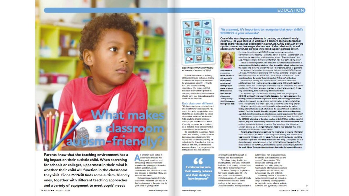 What makes a classroom autism-friendly? Read the article on page 24 of Autism Eye Spring Edition which includes an interview with CENMAC's Kathryn Stowell 
autismeye.com/digital-editio…
<a href="/AutismEye/">Autism Eye</a> #autism #specialeducation #edchat #inclusion #SEND #teacher #senco