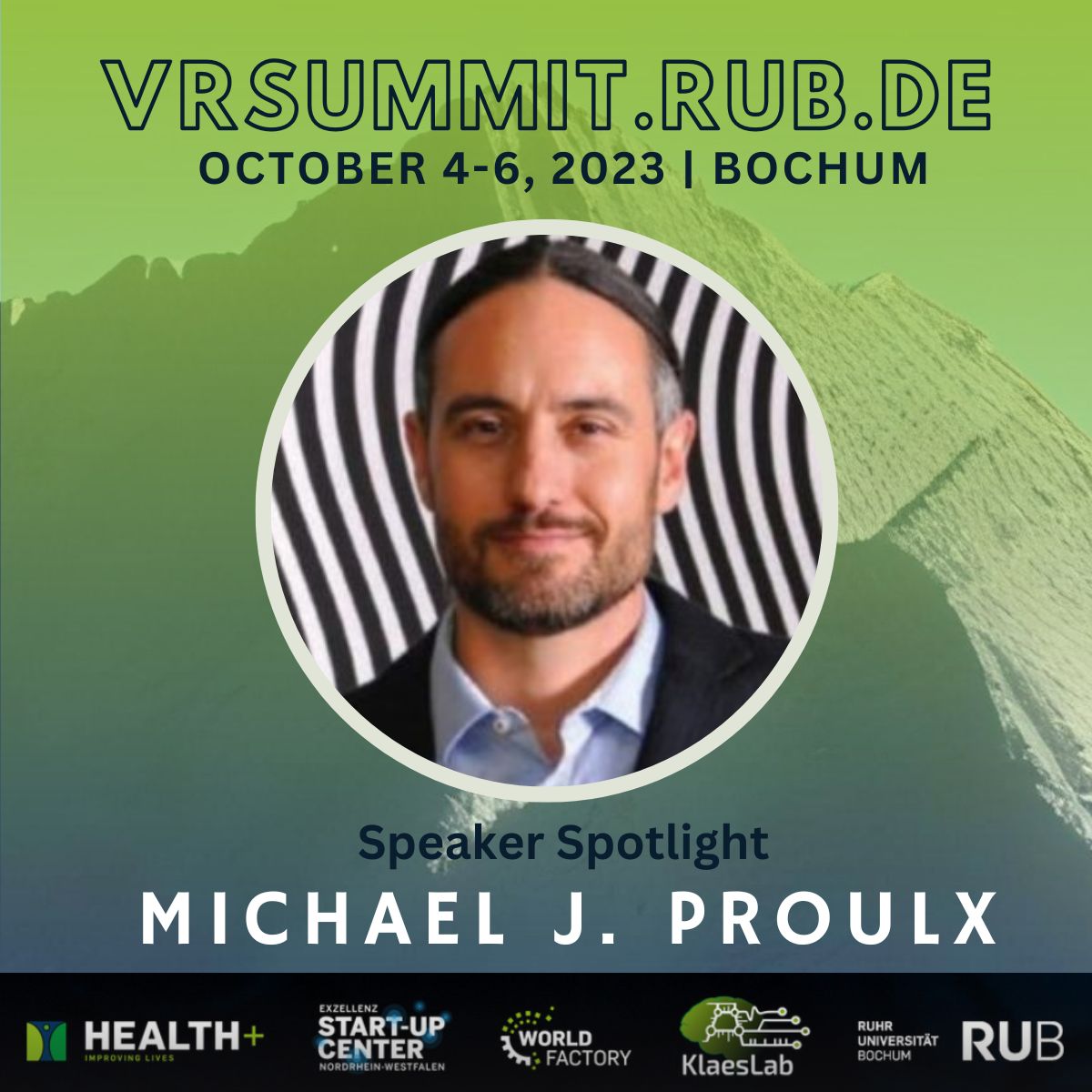 klaeslab's tweet photo. Speaker Spotlight: Michael J. Proulx - Transforming Perception in Virtual Reality! Michael J. Proulx:  is a cognitive scientist and psychologist recognized for his research on sensory substitution and cross-modal perception. (1/3) https://t.co/udZguJO9hq