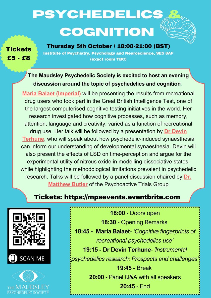 MPS_Psychedelic's tweet photo. Tickets to our next event 'Psychedelics and Cognition' are now available here: https://t.co/LM5JSmGkyx. We're very excited to host @emmsskyyy and @DevinTerhune &amp; hear their fascinating talks on the subject. Panel hosted by @mattbutlerpsych. Hope to see you there! 🌟 https://t.co/7ckI08BCRI