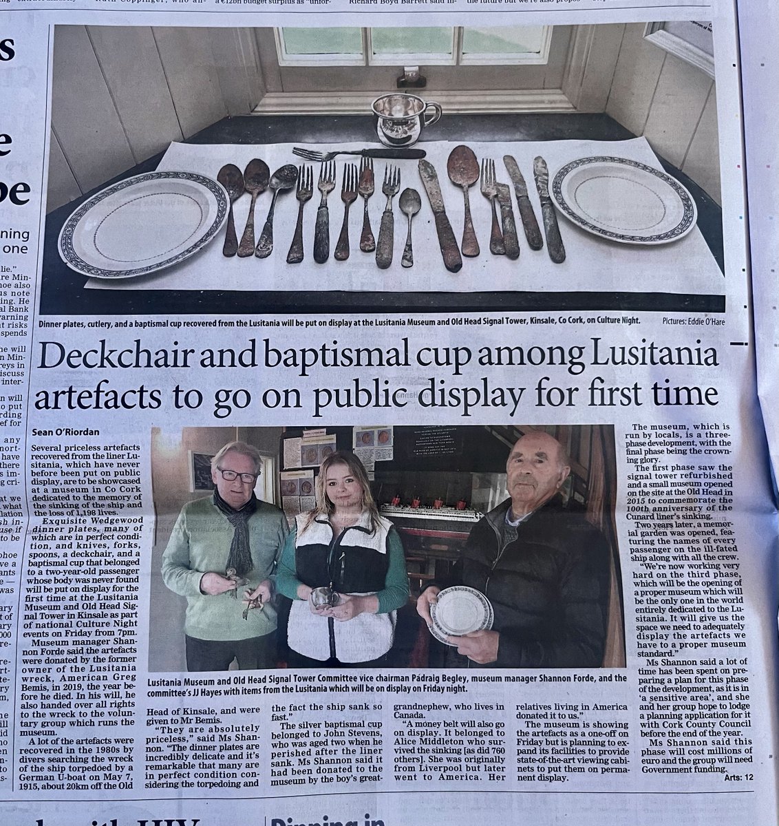 📰 Delighted to be featured in the <a href="/irishexaminer/">Irish Examiner</a> today, showcasing some remarkable artefacts from RMS Lusitania.

📻 Tune into <a href="/C103Cork/">C103</a> tomorrow morning at 11:40(ish) to hear Manager Shannon Forde discussing these artefacts and our plans for the museum! 

#OldHeadofkinsale