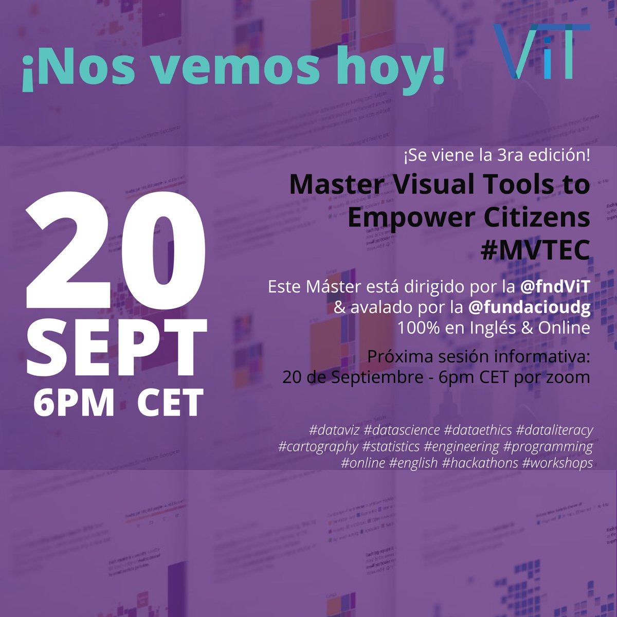 fndViT's tweet photo. 📊 ¿Te interesa el #datascience & el #dataviz?
📌¡No te quedes fuera de nuestra sesión informativa del Máster Visual Tools to Empower Citizens #MVTEC de la @fndvit y @fundacioudg!
Te esperamos online HOY 20 de sept a las 18hrs CET👇:
https://t.co/ov8weFrIqr https://t.co/ECl8cn7UP2
