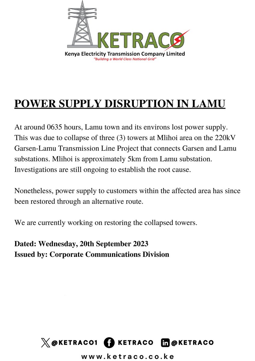 Below is an update on the power supply disruption in Lamu Town and its environs.

#MediaStatement