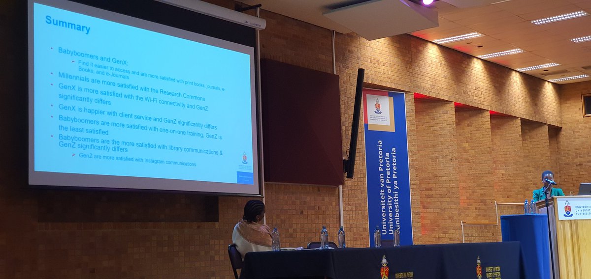 UPLibrary's tweet photo. #UPLibrary #UserExperience #LibraryUX Zenzile Ntshabele, Statistician in the library's Marketing &amp; Quality Assurance Office presents her final results about the different generations. https://t.co/SVFdylDFaH