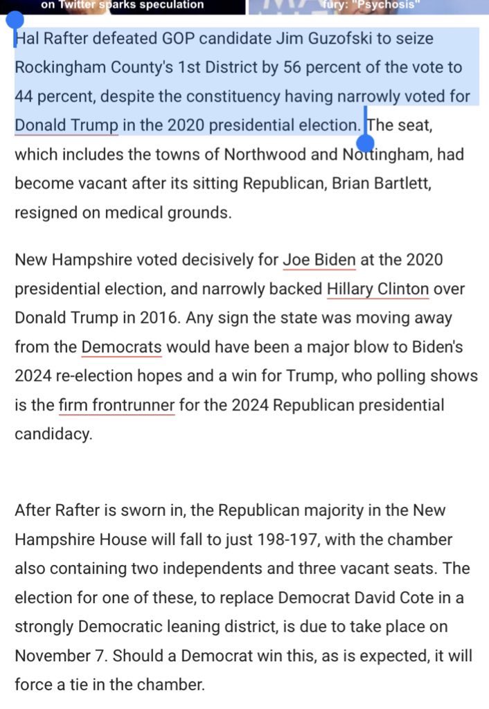 emeriticus's tweet image. Jim Guzofski, a MAGA Republican who said prophets told him Trump won in 2020 and is still the president, was just soundly defeated by a Democrat in a New Hampshire GOP stronghold. As a result, Democrats have narrowed the balance of power in the state’s House of Representatives.…