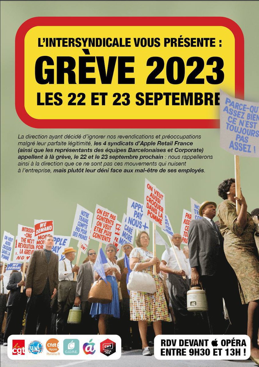 UdCgtParis's tweet photo. #AppleStrike
✊ Grève des salariés les 22 et 23 septembre 👊

L'ensemble des syndicats d'@Apple appelle à la grève (à l'occasion de la sortie de l'iPhone 15) sur les revendications suivantes : 👇

#cgt #CGTParis #CGTApple https://t.co/Syfk0t2MxB