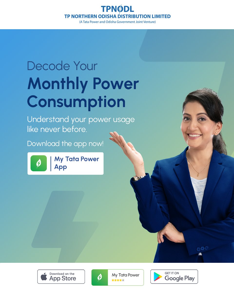 tpnodl_odisha's tweet photo. Keep an eye on your power consumption effortlessly. Download My Tata Power App now and take control of your usage! 📊
#UsageTracker #PowerUsage #PowerConsumption #MyTataPower #Convenience #TPNODL https://t.co/Gqlnj81ARw