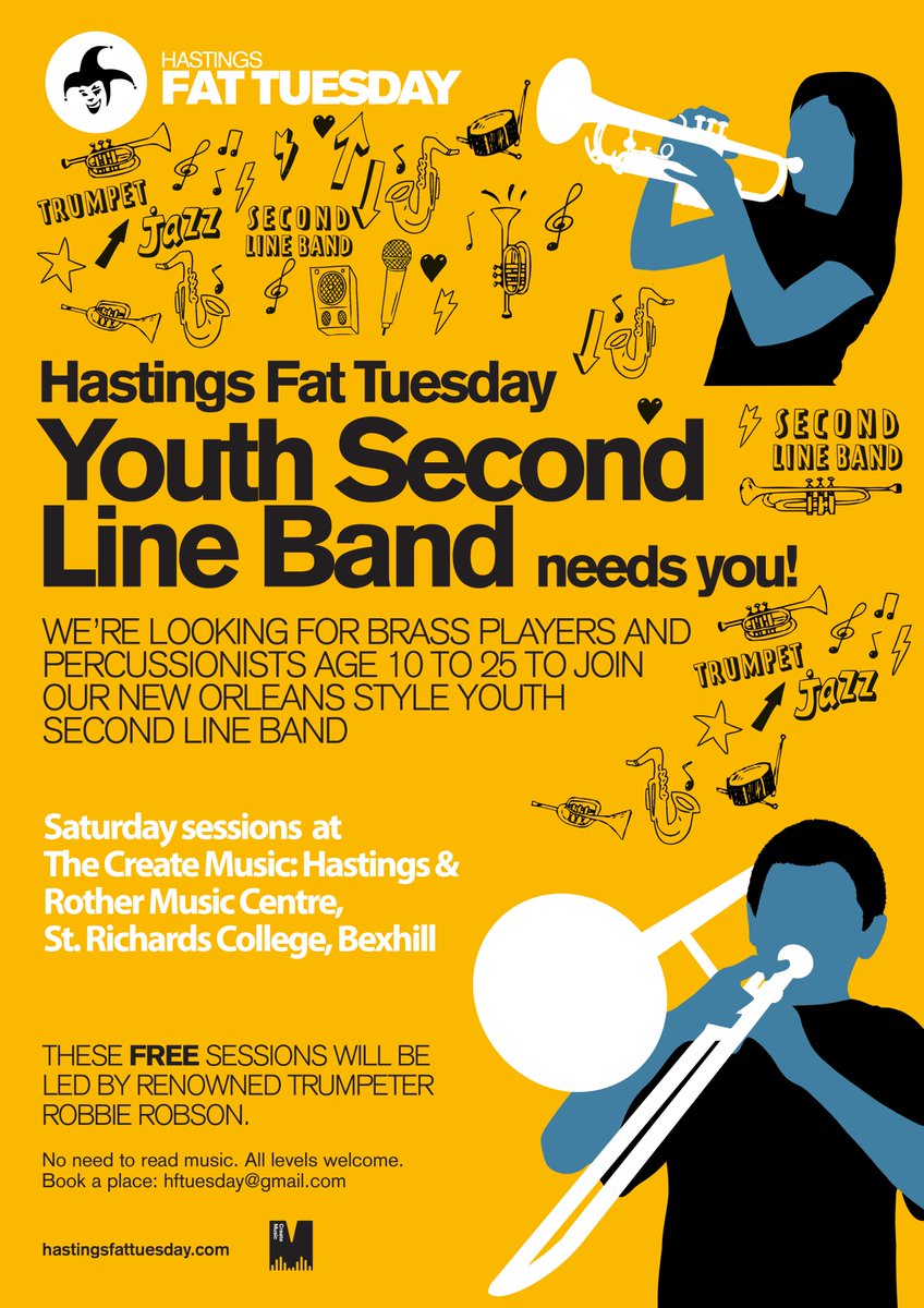 We're looking for more brass players and percussionists age 10-25 to join the HFT Youth Second Line Band! Rehearse with @createmusicUK , perform at @hastingsstory festival and at Battle Christmas Lights switch on! Email hftuesday@gmail.com for more details.