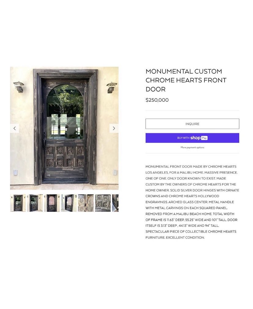 Ovrnundr's tweet photo. 1-of-1 Chrome Hearts door being sold by a Malibu homeowner for $250,000 dollars. Installed by the owners of Chrome Hearts, the door features solid silver hinges, hand engravings and custom wood work. https://t.co/VZEAMvfWjx