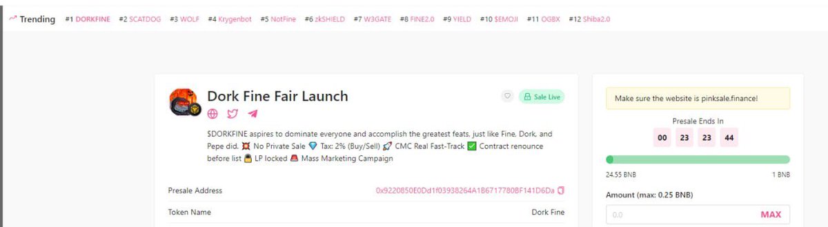 Dorkfinebsc's tweet photo. Congratulation To DorkFine Top 1 Trending On Pinksale 🌼🌼🌼

Buy Here: https://t.co/wNkbfc9tfw https://t.co/gN1Fp5GO2p