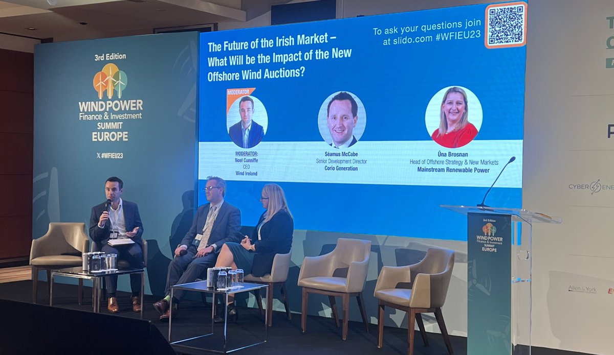 _SolarEnergy's tweet photo. Hear from those active in the Irish market as they discuss: The Future of the Irish Market – What Will be the Impact of the New Offshore Wind Auctions?
 
Thank you to our speakers:
@energyireland
#CorioGeneration
@MainstreamRP

#WFIEU23 https://t.co/twFv6Lx90B