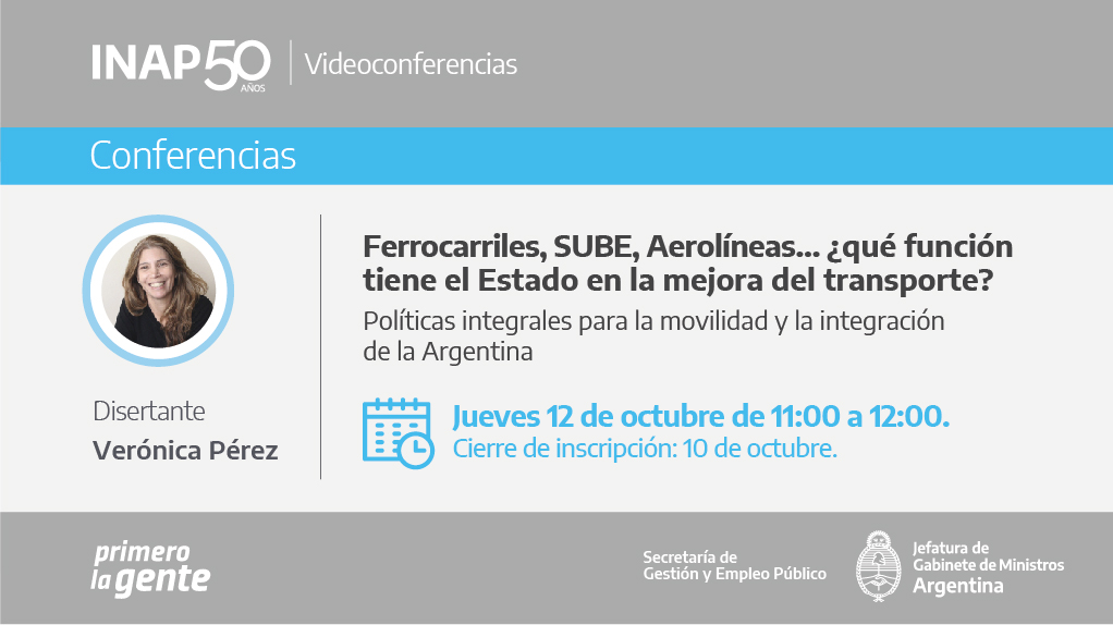 INAPArgentina's tweet photo. Las y los invitamos a participar de la conferencia "Ferrocarriles, SUBE, Aerolíneas... ¿Qué función tiene el Estado en la mejora del transporte?" donde disertará Verónica Pérez el 12/10 de 11 a 12 hs.
Podrá verse en vivo por nuestro canal de YouTube: https://t.co/JqNAg8GKUQ https://t.co/Gk5apc8BAV
