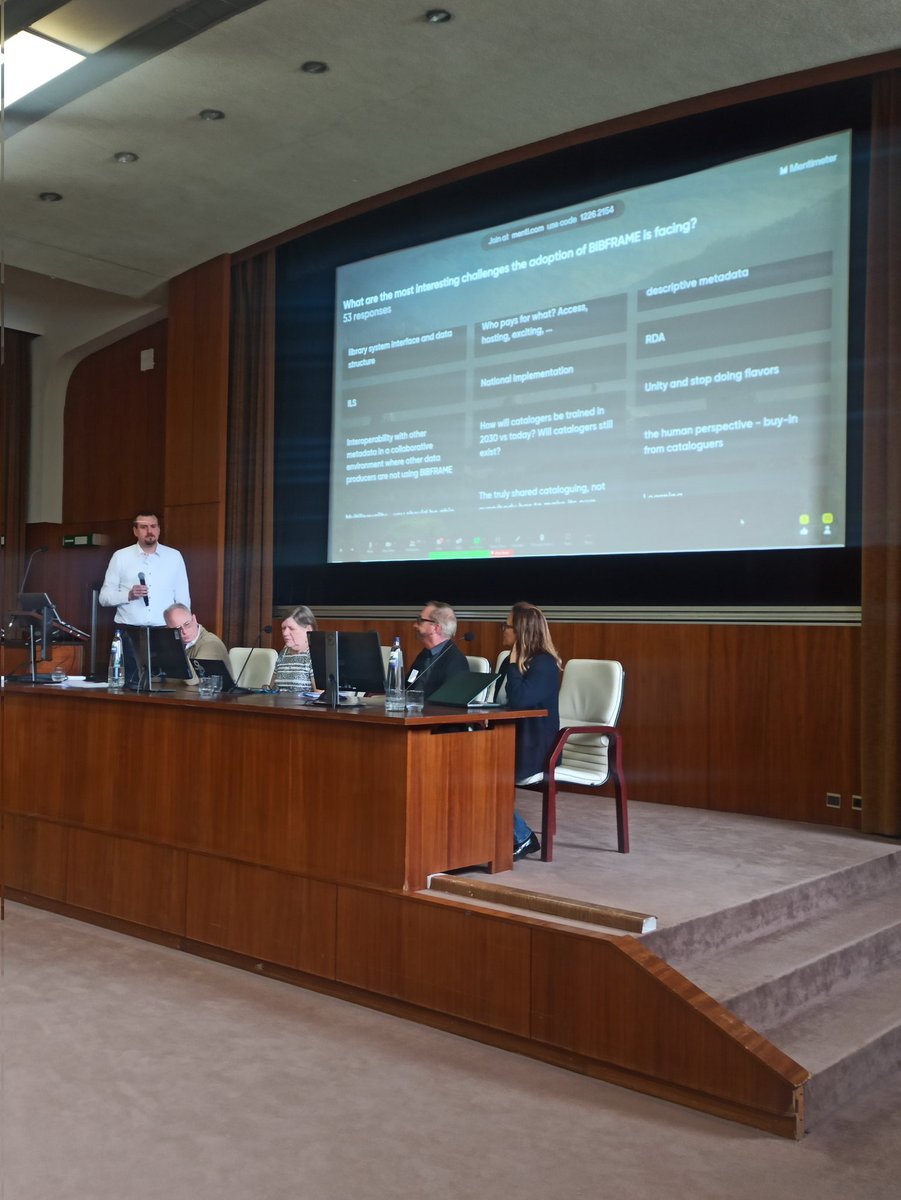 Last session of #eubfws2023 is a roundtable led by Matias Frosterus, Kevin Ford, Nancy Lorimer, Tiziana Possemato, and Philip Schreurs, who are delving into the intriguing challenges arising from BIBFRAME adoption. #linkeddata #bibframe