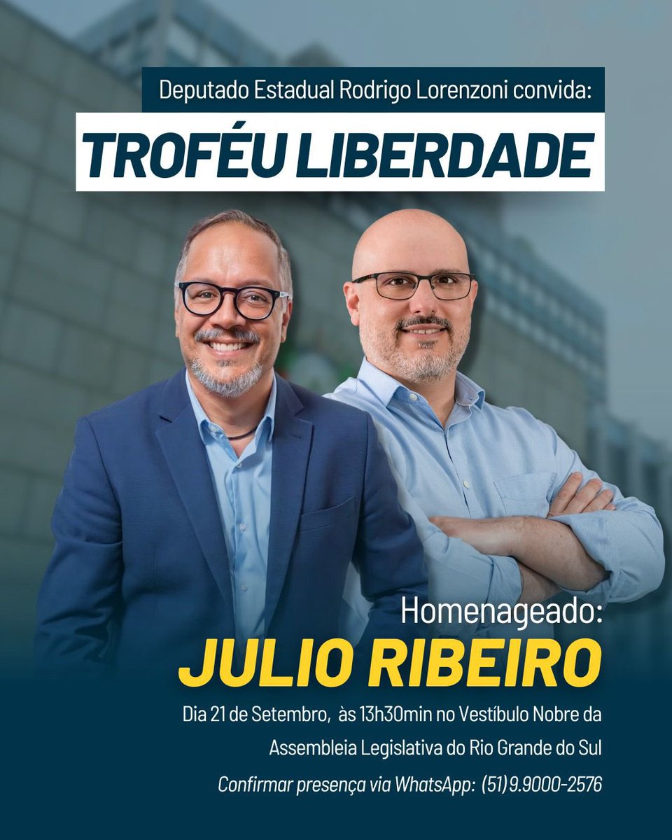 Meus amigos, nesta quinta-feira, 21/09, às 13h30, receberei no Vestíbulo Nobre da Assembleia Legislativa, o Troféu Liberdade, numa iniciativa do deputado Rodrigo Lorenzoni. …. * Quem não for vai pra lista que eu vou passar pro Ministério da Verdade!😝