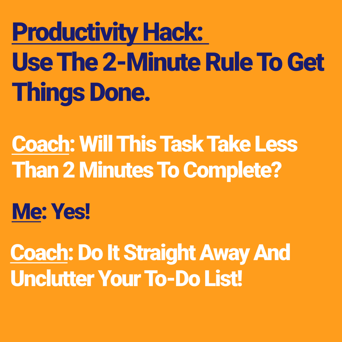 YourFlock's tweet photo. Have you heard of the 2-minute rule?
If you need to do something that takes less than 2 minutes - do it straight away.
Don't let it occupy your precious brain memory bank. Do it straight away and focus your brainpower on the highest priorities instead!
#2minuterule #coaching #ai https://t.co/6wRaOFP2PV