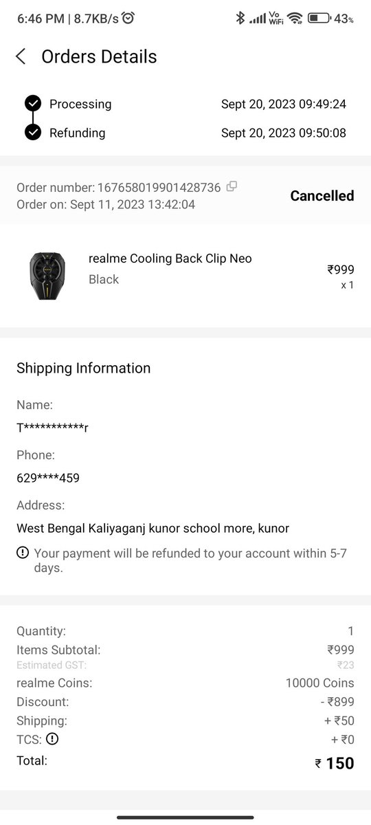 TS733129's tweet photo. Hi @realmecareIN @GyanTherapy @AmreliaRuhez i recently placed an order with 10000 coin and 150 cash on 11th sept and it  was accepted same day. However I've notice that it has been automatically cancelled on 20th sept without any notice. Can you please assist me with this issue? https://t.co/0jg5WKlt5e