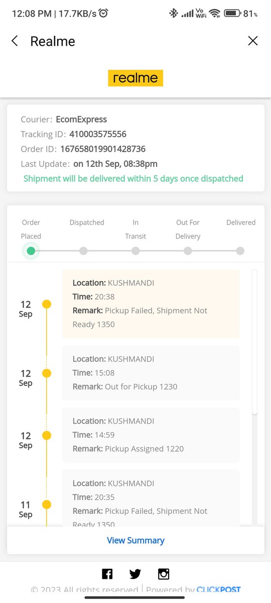 TS733129's tweet photo. Hi @realmecareIN @GyanTherapy @AmreliaRuhez i recently placed an order with 10000 coin and 150 cash on 11th sept and it  was accepted same day. However I've notice that it has been automatically cancelled on 20th sept without any notice. Can you please assist me with this issue? https://t.co/0jg5WKlt5e