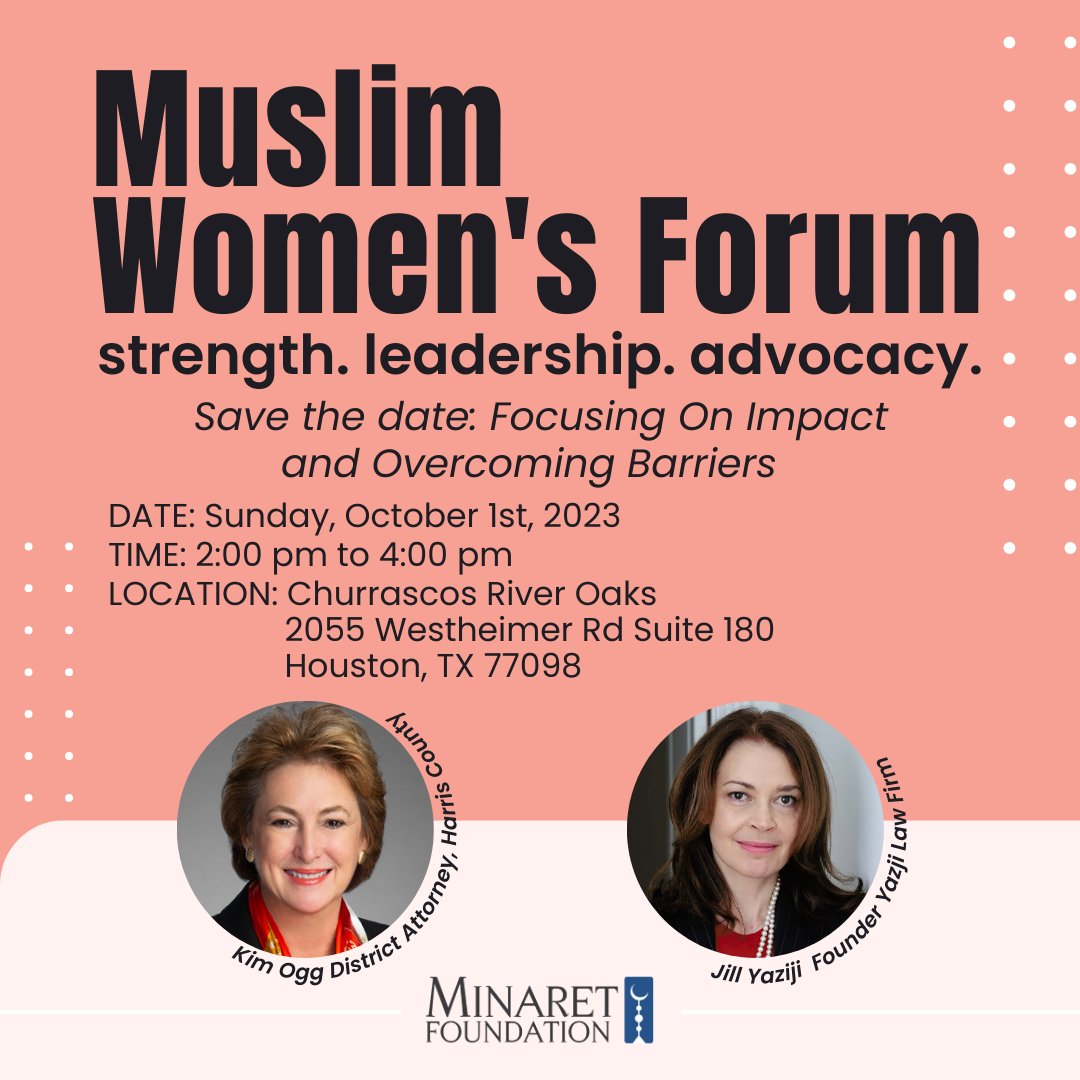 joinbridges's tweet photo. Houston ladies! Join us at the Muslim Women’s Forum on Oct 1st, 2-4 pm at Churrascos River Oaks. Engage with District Attorney Kim Ogg &amp; legal ace Jill Yaziji. Dive into conversations, fireside chats &amp; our theme on impact. Amplify your voice! Register now: https://t.co/rIVD5zb59P https://t.co/NdJ6j8OliE