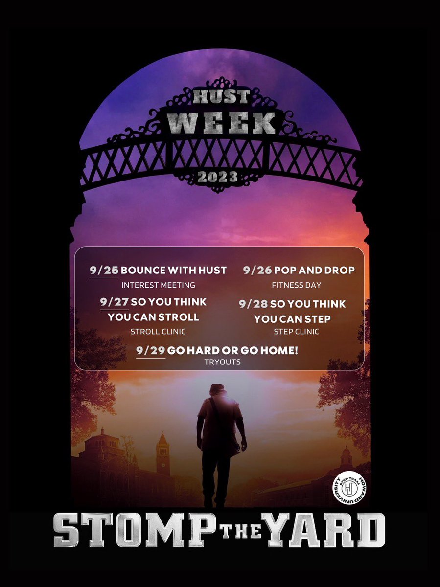 The Howard University Step Team present to you HUST Week: Stomp the Yard. We will be hosting a week of events for those who are interested in being a true stepper!🩶🖤

#HUSTweek #HUST #howarduniversity #howarduniversitystepteam #stomptheyard #interestweek #hu24 #hu25 #hu26 #hu26