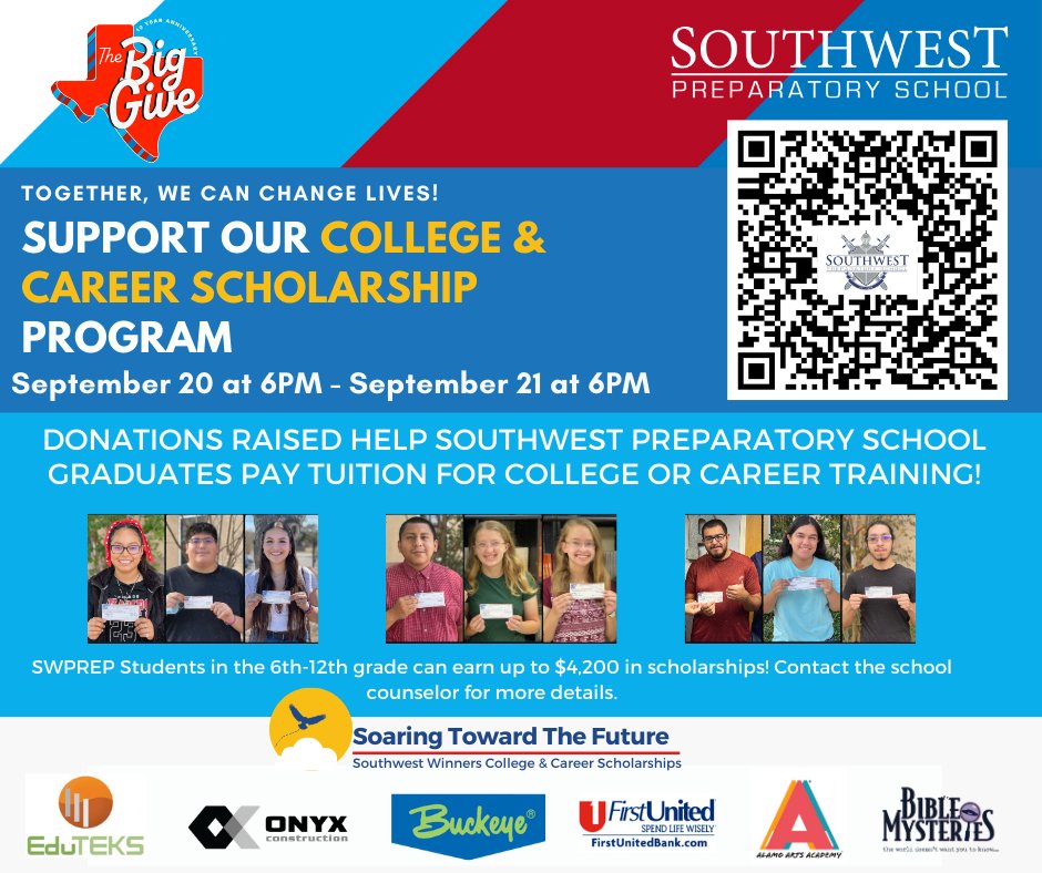southwest_prep's tweet image. Today's the Day! Give the Gift of Education by supporting our College and Career Scholarship program. Together we can help eliminate the financial barriers for secondary education for our graduates. thebiggivesa.org/organizations/… #biggive2023 #Scholarships #swprep