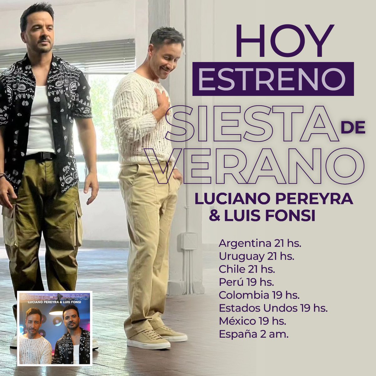 Hoy a las 21hs 🇦🇷 estreno de #SiestadeVerano 🥰🙌
Todas prendidassssssss 💥
<a href="/LuisFonsi/">Luis Fonsi</a> <a href="/LucianoPereyra/">Luciano Pereyra</a> 
<a href="/Fonsisangels/">Fonsi's Angels Arg</a>