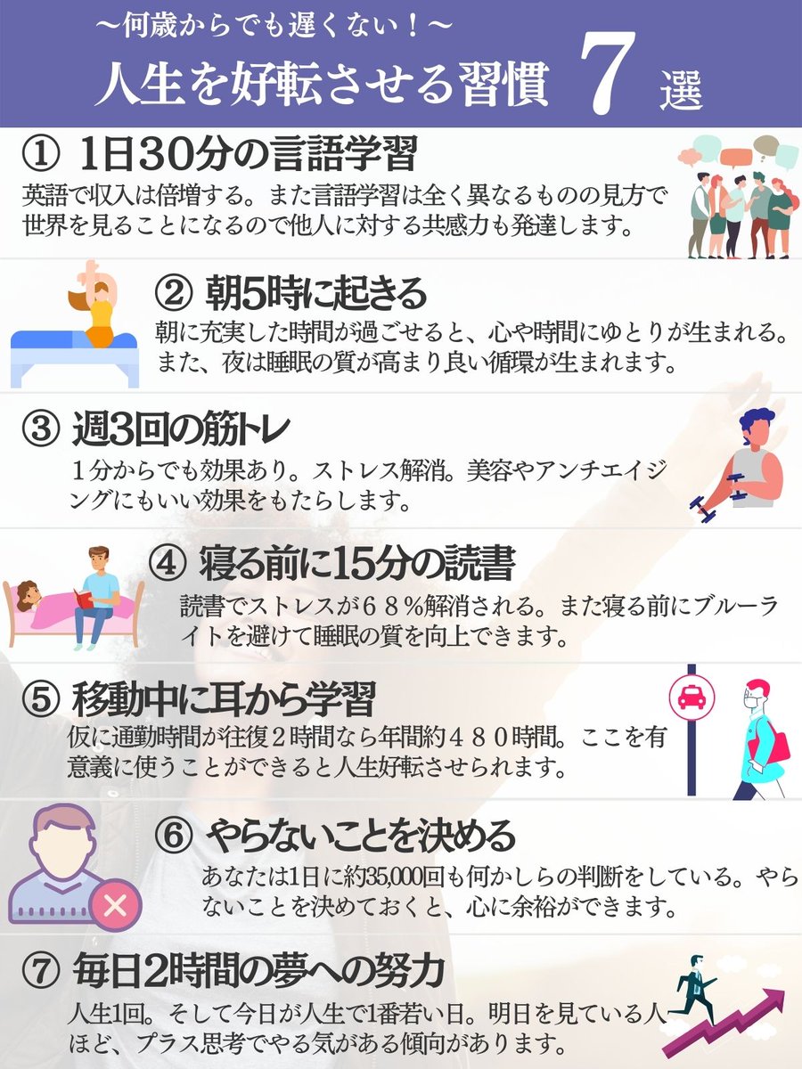 isseicanada's tweet image. 何歳からでも遅くない。人生を好転させる習慣をまとめました。