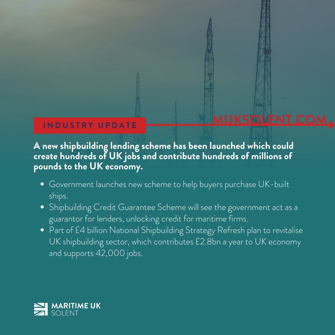 The UK Government has launched a new shipbuilding lending scheme to help buyers purchase UK-built ships. The scheme is part of a £4 billion National Shipbuilding Strategy Refresh plan to revitalise the UK shipbuilding sector.

muksolent.com

#MaritimeUK #Solent