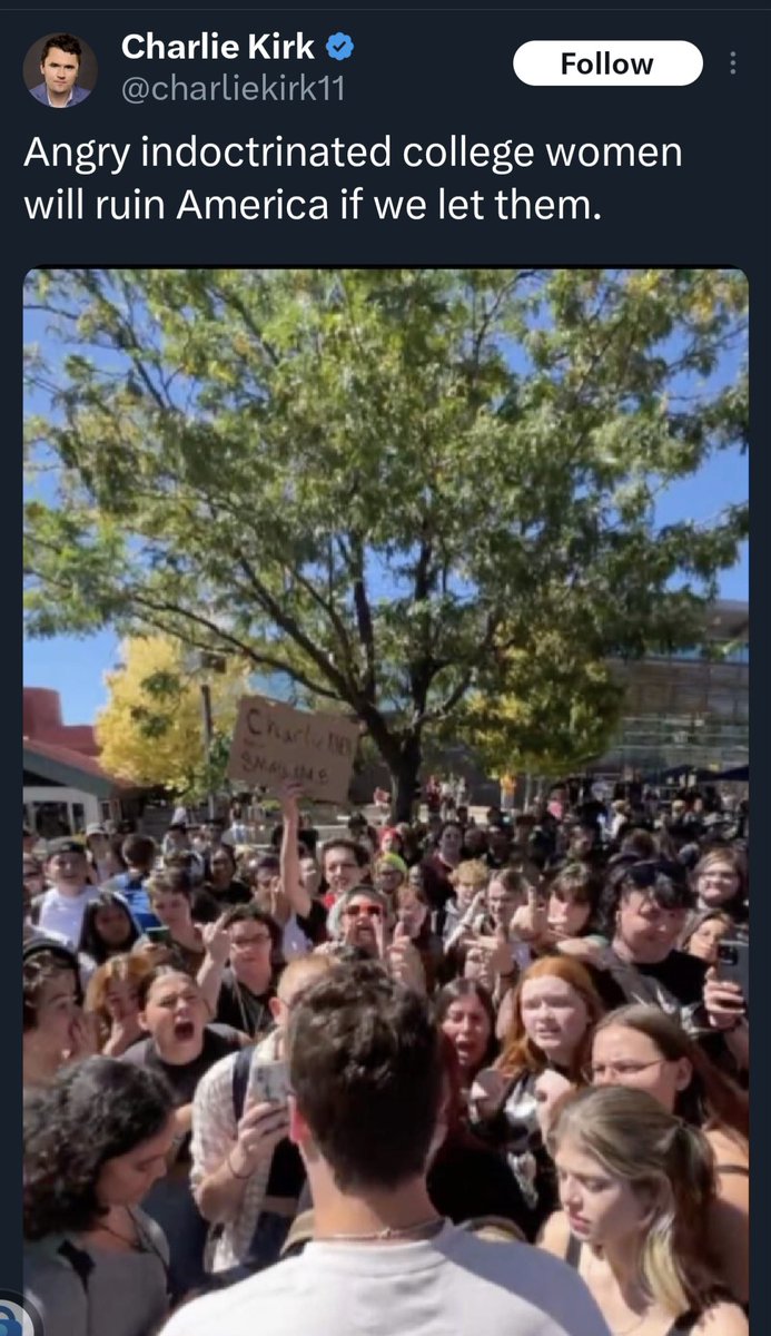 It would appear Charlie Kirk finds educated women threatening to his masculinity. Perhaps if he worked on getting a real education rather than an honorary title from "Falwell U," he wouldn't feel so threatened. Sorry Charlie, your misogyny is showing. #VoteBlue  #Fresh #DemVoice1