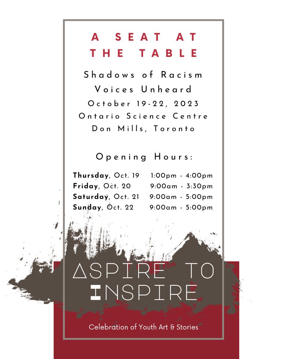 ALPHA Education (@toalphaed) on Twitter photo From Oct 19–22, ALPHA Education’s youth art exhibition 𝗔 𝗦𝗲𝗮𝘁 𝗮𝘁 𝘁𝗵𝗲 𝗧𝗮𝗯𝗹𝗲 will show <a href="/OntScienceCtr/">Ontario Science Centre</a>. Free admission for all: Drop in to be inspired by youth #creativity and voices on #excellence and contributions to Canada.
<a href="/tdsb/">Toronto District School Board</a> <a href="/HCDSB/">Halton Catholic DSB</a> #antiracism #community From Oct 19–22, ALPHA Education’s youth art exhibition 𝗔 𝗦𝗲𝗮𝘁 𝗮𝘁 𝘁𝗵𝗲 𝗧𝗮𝗯𝗹𝗲 will show <a href="/OntScienceCtr/">Ontario Science Centre</a>. Free admission for all: Drop in to be inspired by youth #creativity and voices on #excellence and contributions to Canada.
<a href="/tdsb/">Toronto District School Board</a> <a href="/HCDSB/">Halton Catholic DSB</a> #antiracism #community