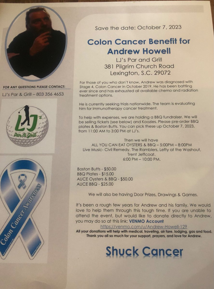 WilGunter's tweet photo. Please Share: come help Andrew with his fight against colon cancer. Oct 7th at LJs Par &amp; Grill in Lexington. Live music, all you can eat BBQ &amp; Oysters. Bring family and friends so we can #ShuckCancer https://t.co/kogDKN88n7