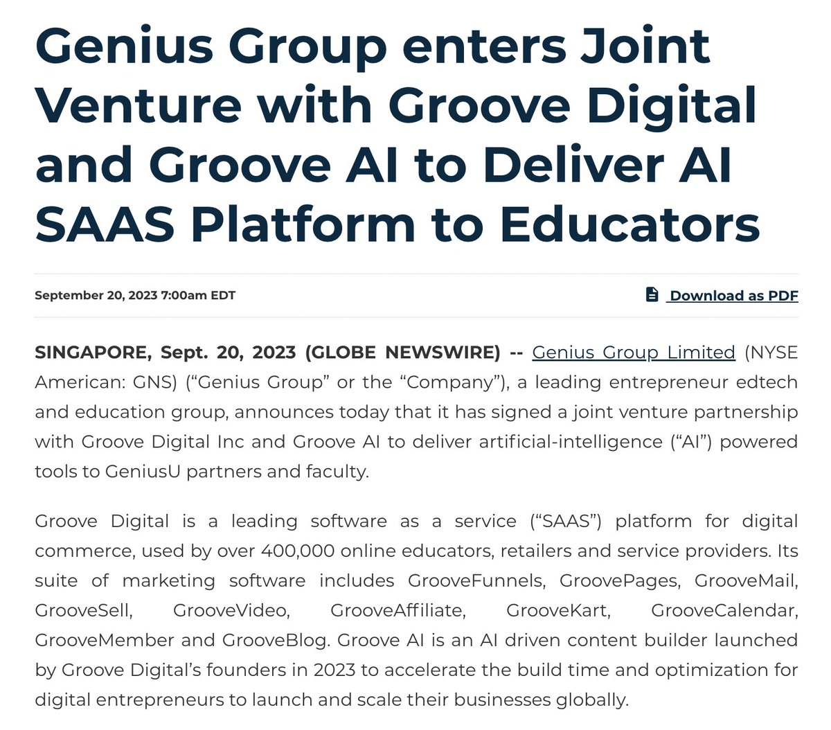 rogerhamilton's tweet photo. Excited about our $GNS JV with #GrooveAI #GrooveDigital to integrate their AI powered tools with our #GeniusU Partner Portal. This will give all our educators an opportunity to build their global classrooms using AI: An opportunity for great teachers to be paid their true worth. #EducationRevolution https://t.co/U8guTa6vuF