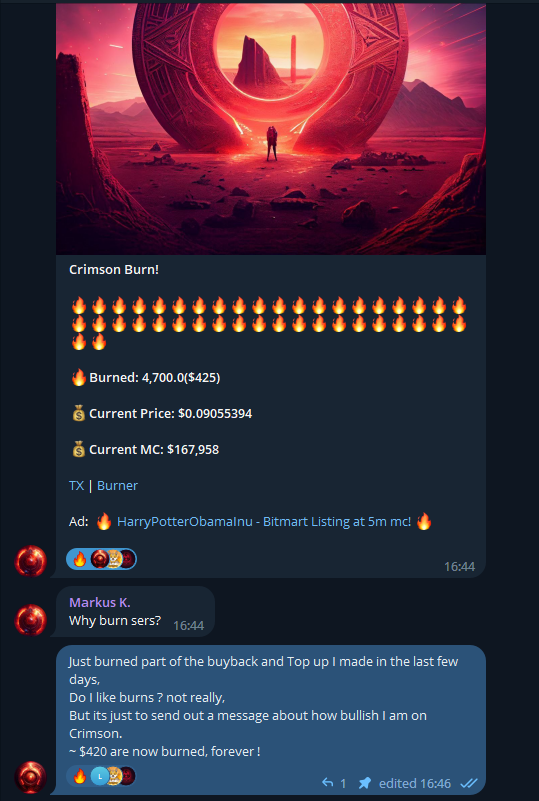 CrimsonEco's tweet image. We just burned part of the buybacks We made in the last few days.

Do we like burns ? not really.

But its a great way to send a message to the world, 
We are here, We will grow, and We are Working.

We are #Crimson , We ain't going nowhere but the moon.