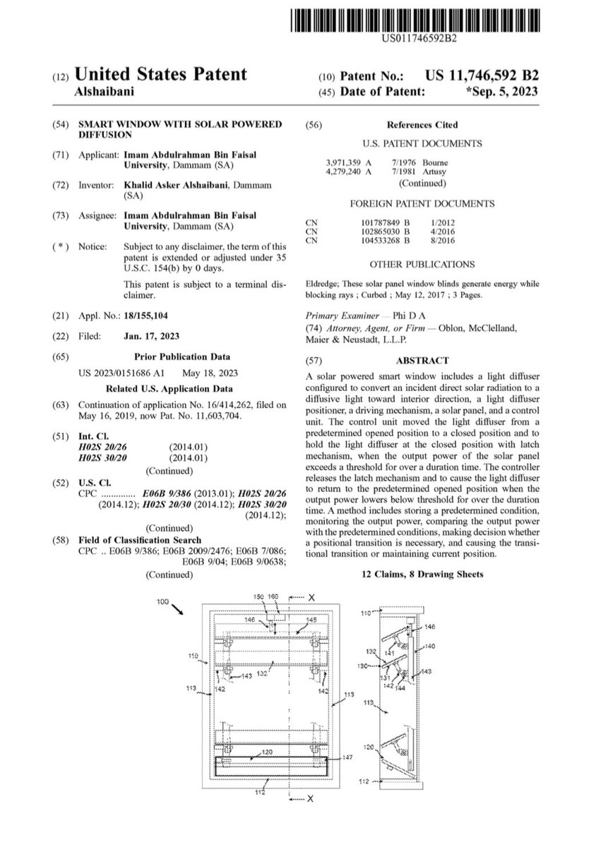 تبارك كلية العمارة والتخطيط لسعاده أ.د خالد بن عسكر الشيباني حصوله على براءة اختراع وتشكل براءة الاختراع (US 11746,592 B2 – March 2023 )  استكمالا للعمل السابق والمنشور ببراء الاختراع السابقة (US 11,603,704 B2 – March 2023 )   والذي يقدم نافذة ذكية تعمل بالطاقة الشمسية