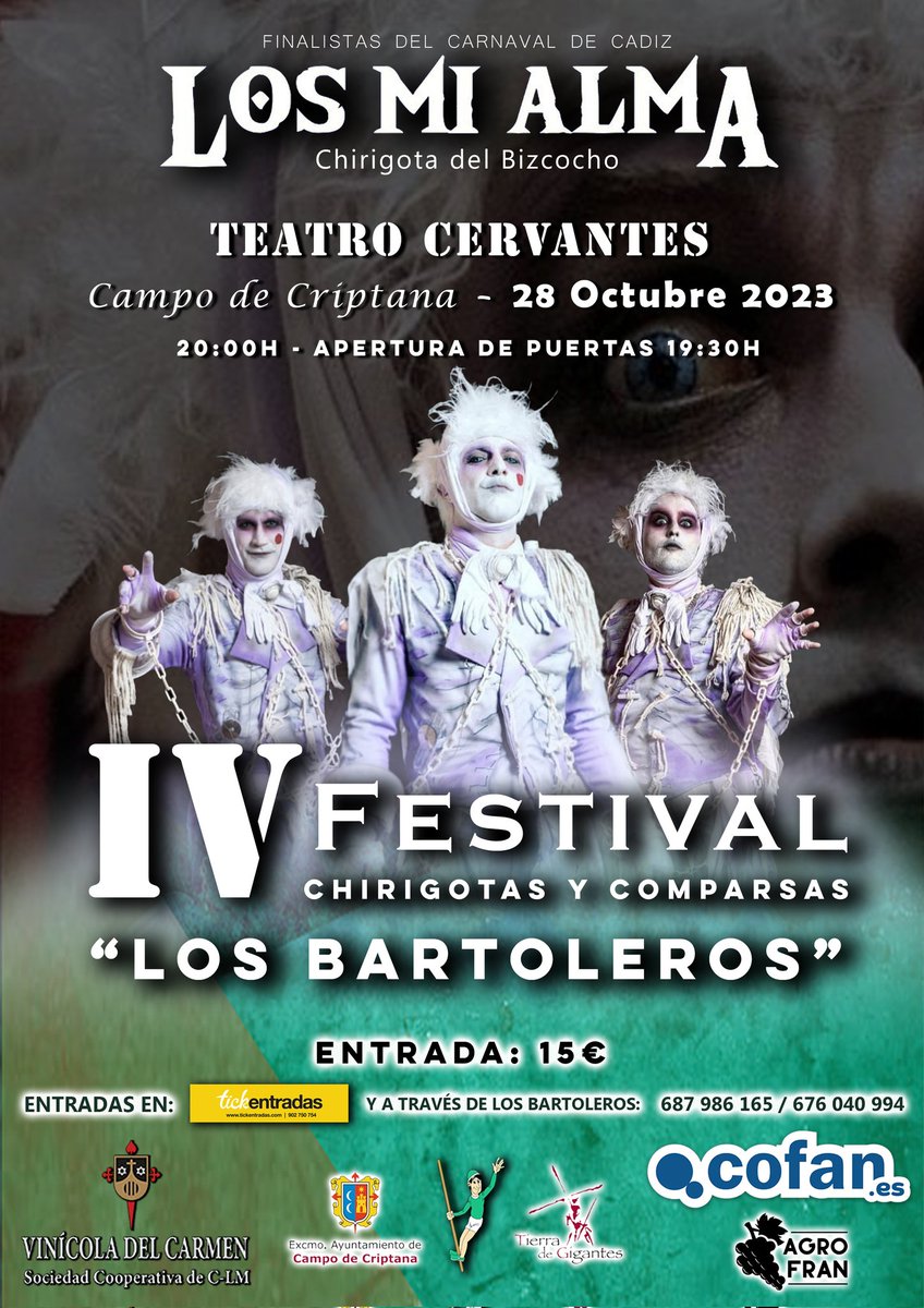 losbartoleros's tweet photo. 𝐈𝐕 𝐅𝐞𝐬𝐭𝐢𝐯𝐚𝐥 𝐝𝐞 𝐂𝐡𝐢𝐫𝐢𝐠𝐨𝐭𝐚𝐬 𝐝𝐞 𝐋𝐨𝐬 𝐁𝐚𝐫𝐭𝐨𝐥𝐞𝐫𝐨𝐬: "𝗟𝗢𝗦 𝗠𝗜 𝗔𝗟𝗠𝗔".
Venta de entradas:
📌687986165/676 04 09 94
📌https://t.co/HUQFZyFQZI

#losbartoleros #chirigotas #losmialma #elbizcocho #ivfestival https://t.co/Ti6i53yJUD
