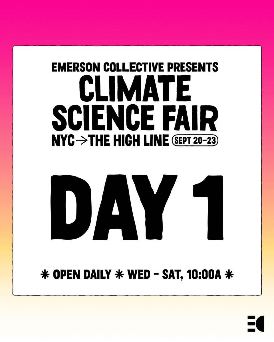 EmCollective's tweet image. It's DAY 1 of #ClimateScienceFair on the @highlinenyc, and we're kicking off with an all-star lineup of climate innovators sharing their vision for a more climate resilient future—from design, land stewardship, to music. Full lineup for today - Saturday: emcollec.tv/climatescience…