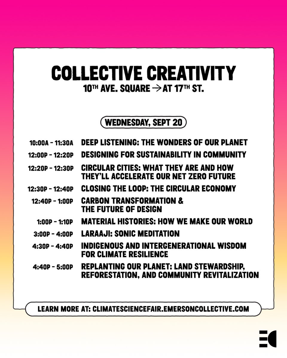 EmCollective's tweet image. It's DAY 1 of #ClimateScienceFair on the @highlinenyc, and we're kicking off with an all-star lineup of climate innovators sharing their vision for a more climate resilient future—from design, land stewardship, to music. Full lineup for today - Saturday: emcollec.tv/climatescience…