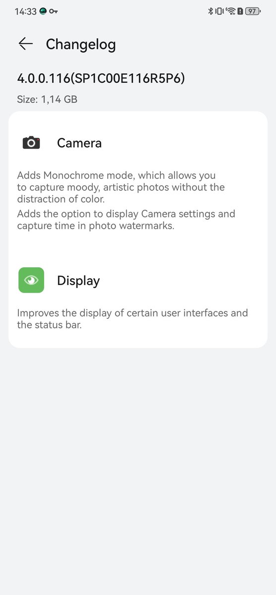 llelectronics's tweet photo. #HarmonyOS 4.0.0.116 adds back the monochrome mode. This changelog is for my #Mate50Pro &amp; Hopefully soon for #P50Pro as well https://t.co/4wIDCyiGHz