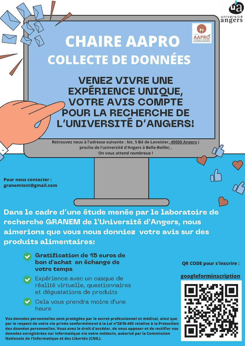 UA_Recherche's tweet photo. La chaire #AAPRO recherche des volontaires pour participer à une expérience de réalité virtuelle et dégustation de produits à base de poudre d'insectes. Inscrivez-vous dès maintenant et recevez un chèque cadeau de 15€ : https://t.co/ut2bzVrbhZ https://t.co/Rr3B1xMJoS
