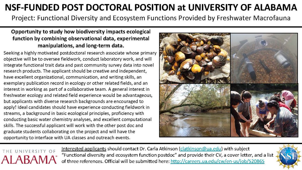 Big things happening at the Center for Freshwater Studies @UofAlabama! I am looking for a postdoc to work alongside my lab as part of my CAREER award. We have made great strides moving this project forward and I look forward to growing our team! @UaDeptBSC